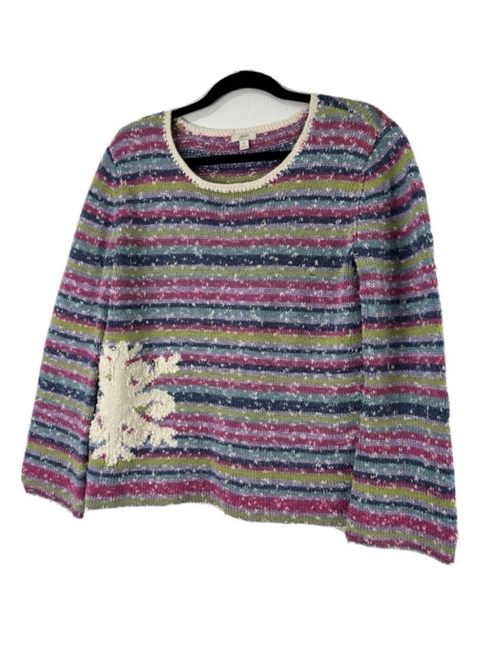 J. Jill Multicolor Striped Crewneck Sweater with Cream Floral Patch